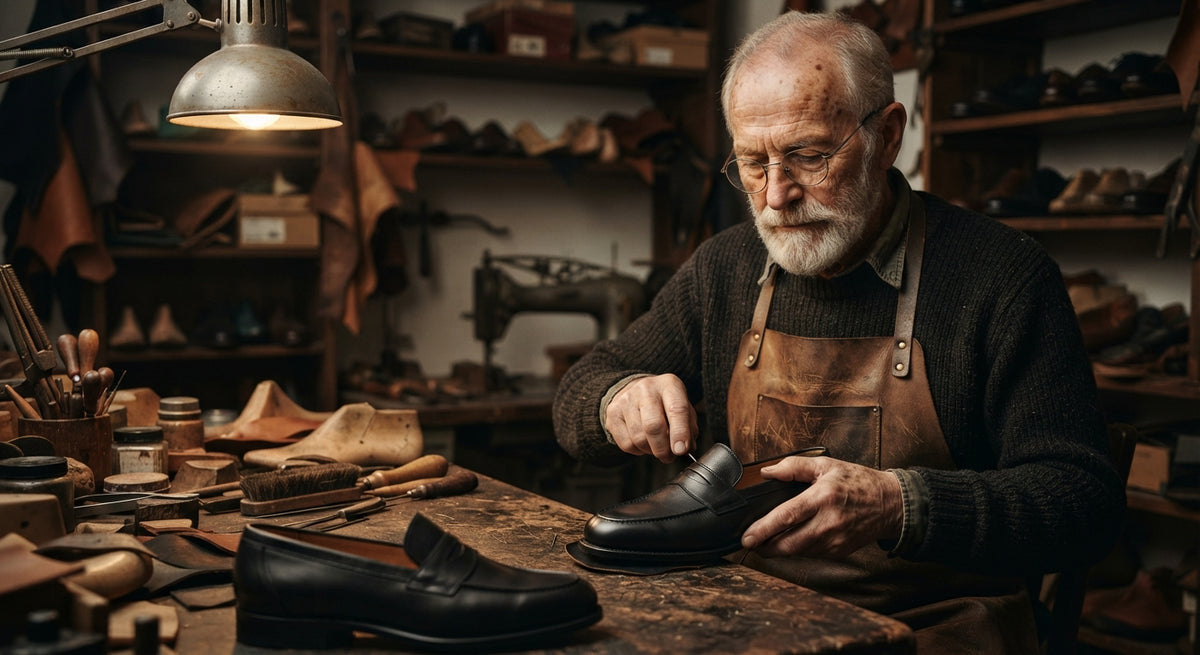 Shoemaker finishing a leather loafer in the workshop